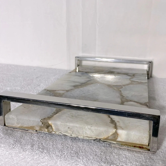 Modern White Agate Decorative Serving Tray With Chrome Handles - Picture 5 of 16